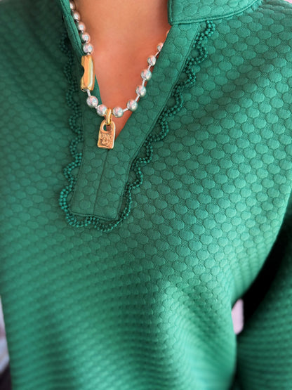 Hunter Green Textured V-neck Pullover, cozy style, available in sizes S-XL.