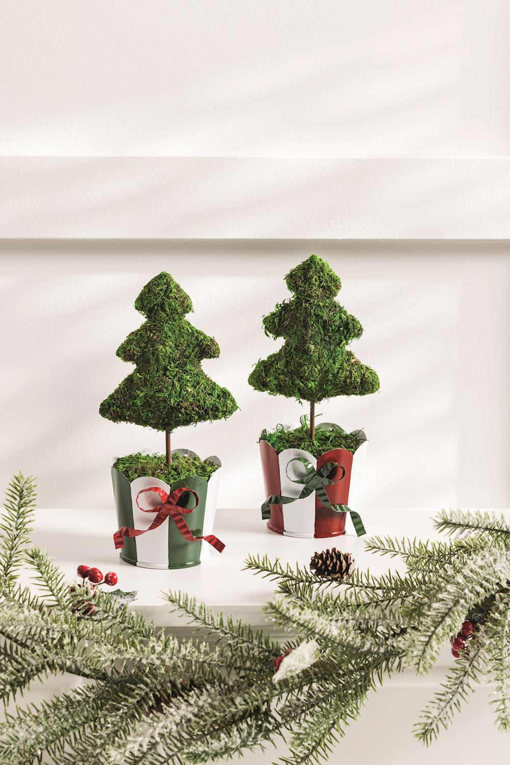 Two moss-covered Striped Christmas Tree Topiaries in striped ribboned metal pots.