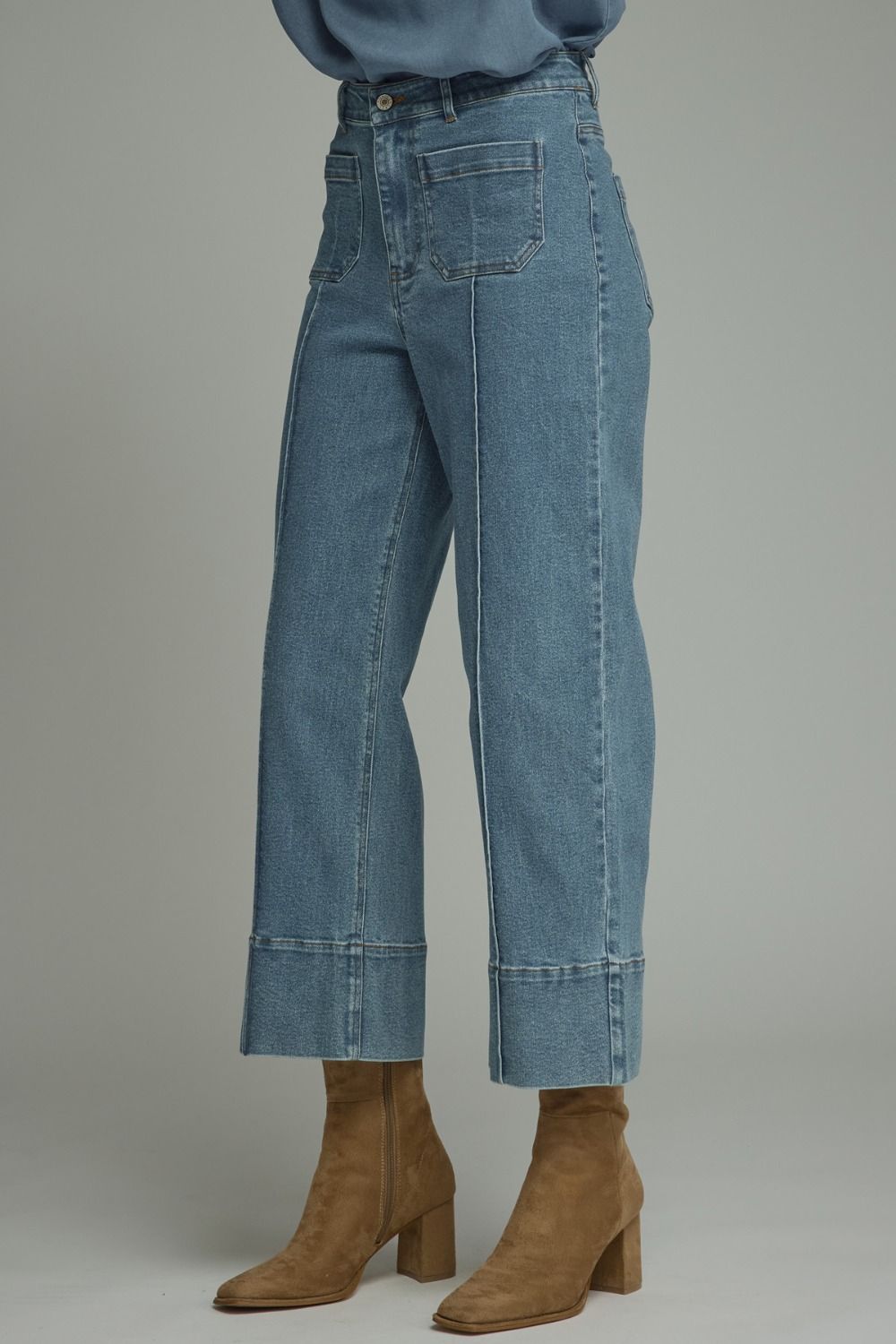 Straight Leg Denim high-rise cropped blue jeans, available in sizes 24–32.