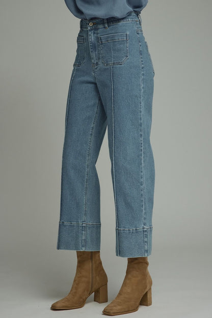 Straight Leg Denim high-rise cropped blue jeans, available in sizes 24–32.