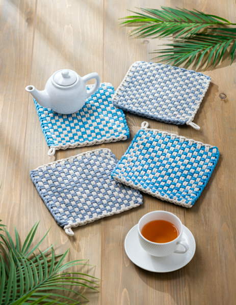 Cotton Crochet Check Pot Holder Set in blue and white, available in multiple sizes, displayed on a wooden table.