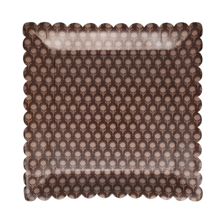 Square brown paper plate with scalloped edge and light circular pattern; available in multiple sizes.
