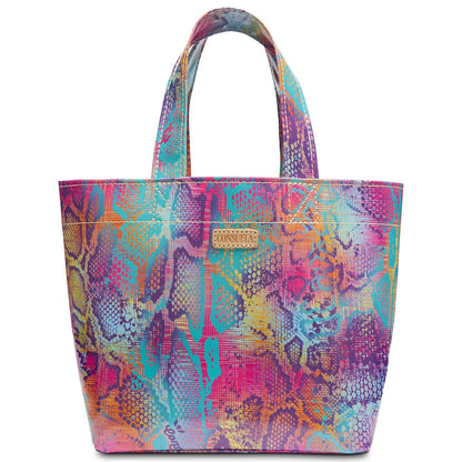 Medium Grab ‘n’ Go Mini Steph tote, ConsuelaCloth, abstract snakeskin in multicolor, two handles, gold label. Also available in other sizes.