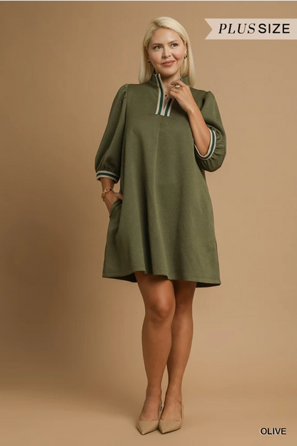 Olive Jacquard High Neck Dress: olive green, knee-length, striped collar/cuffs. Available in plus sizes 14-28.