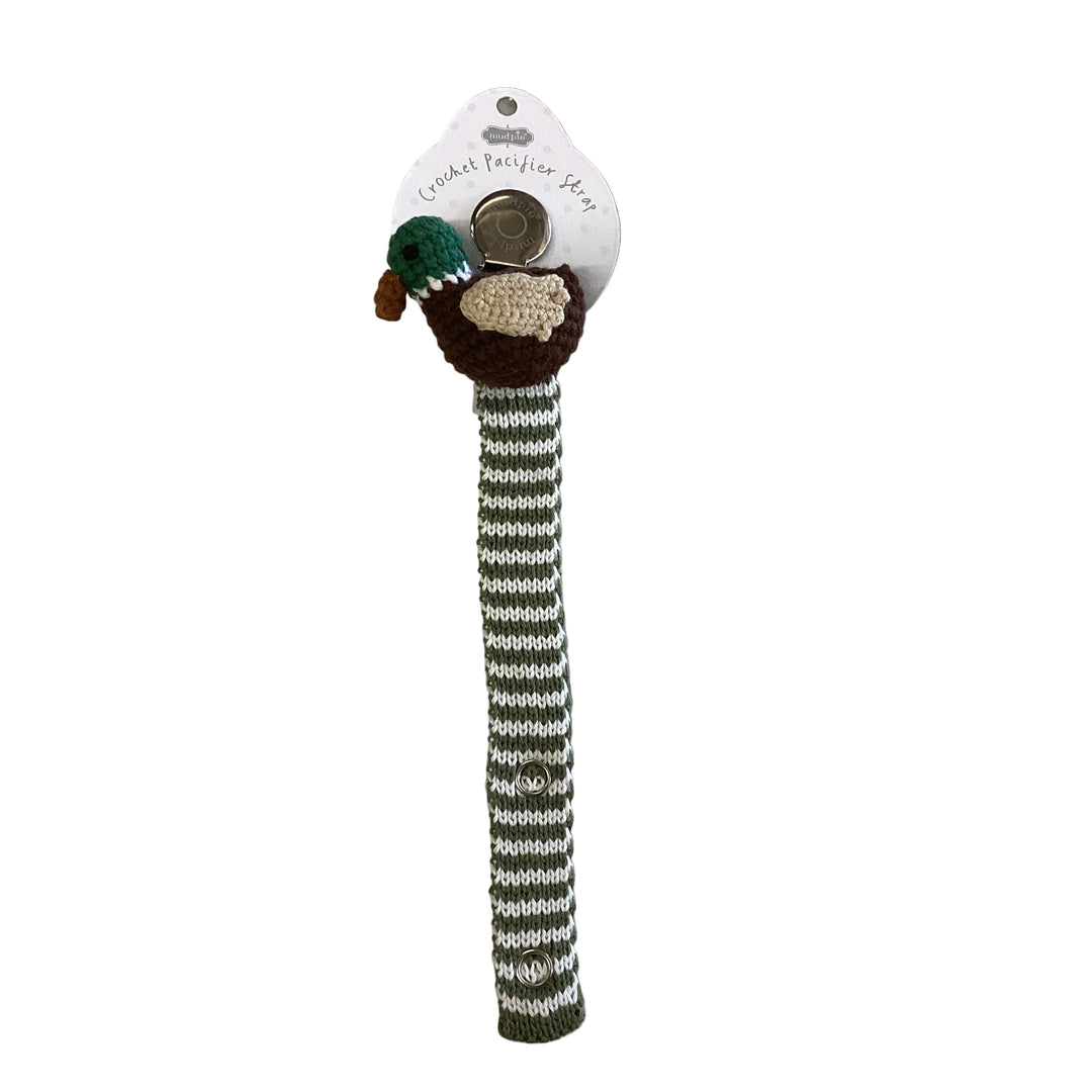 Striped green and white pacifier clip with a crocheted duck head and a metal clip on a round white tag; available in 12 styles.