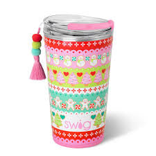 24oz Holiday Party Cup with snowman, tree, and gingerbread pattern, EZ Slider Lid, and pom-pom tassel.