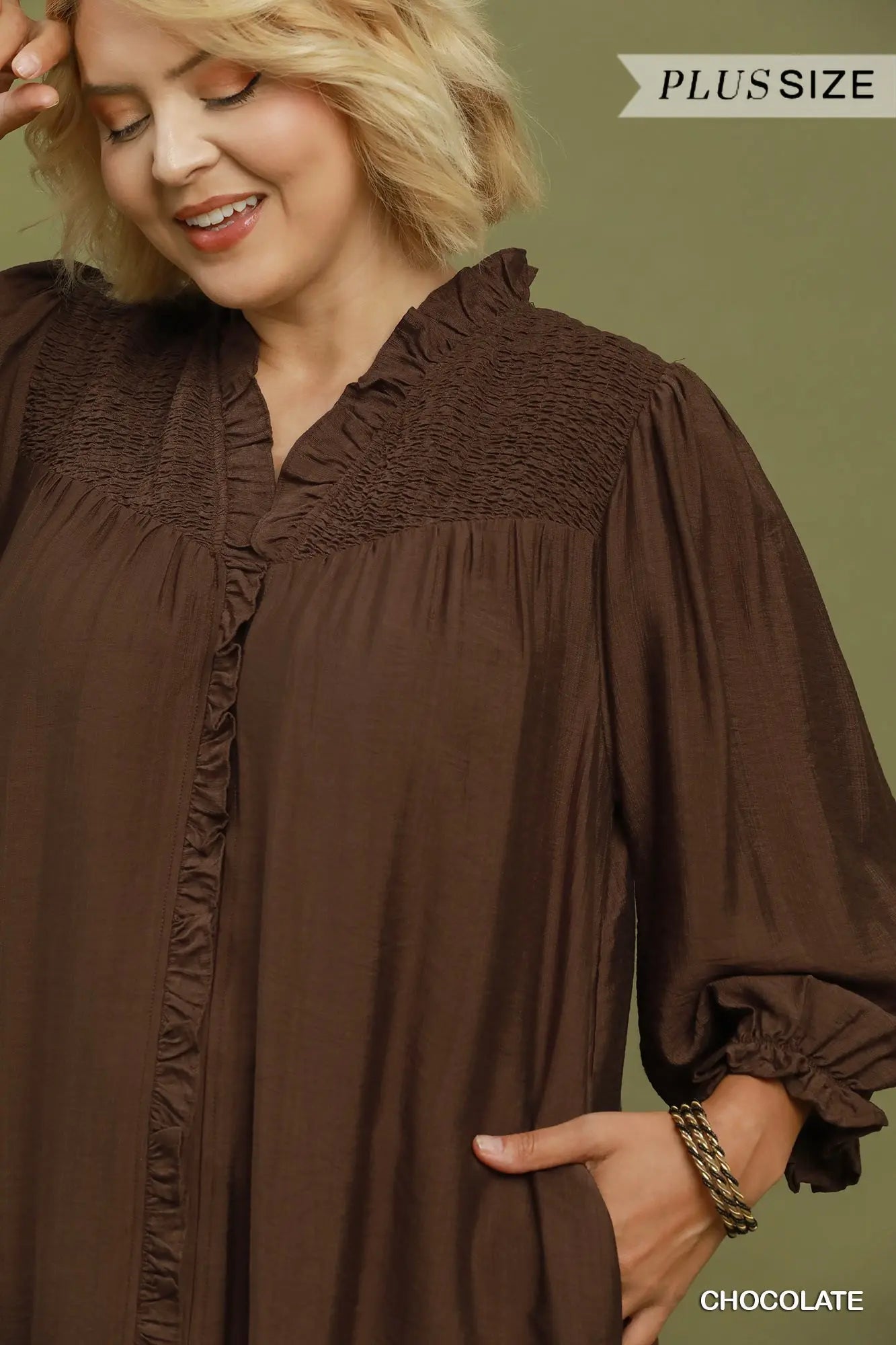 Chocolate brown Smocked Ruffle Tiered Mini Dress with long sleeves and a flowy silhouette, available in plus sizes.
