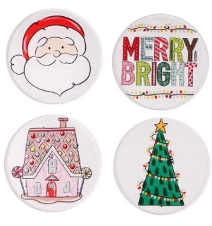 Merry and Bright Coaster Set of 4 featuring a Santa face, “Merry and Bright” text, gingerbread house, and Christmas tree.