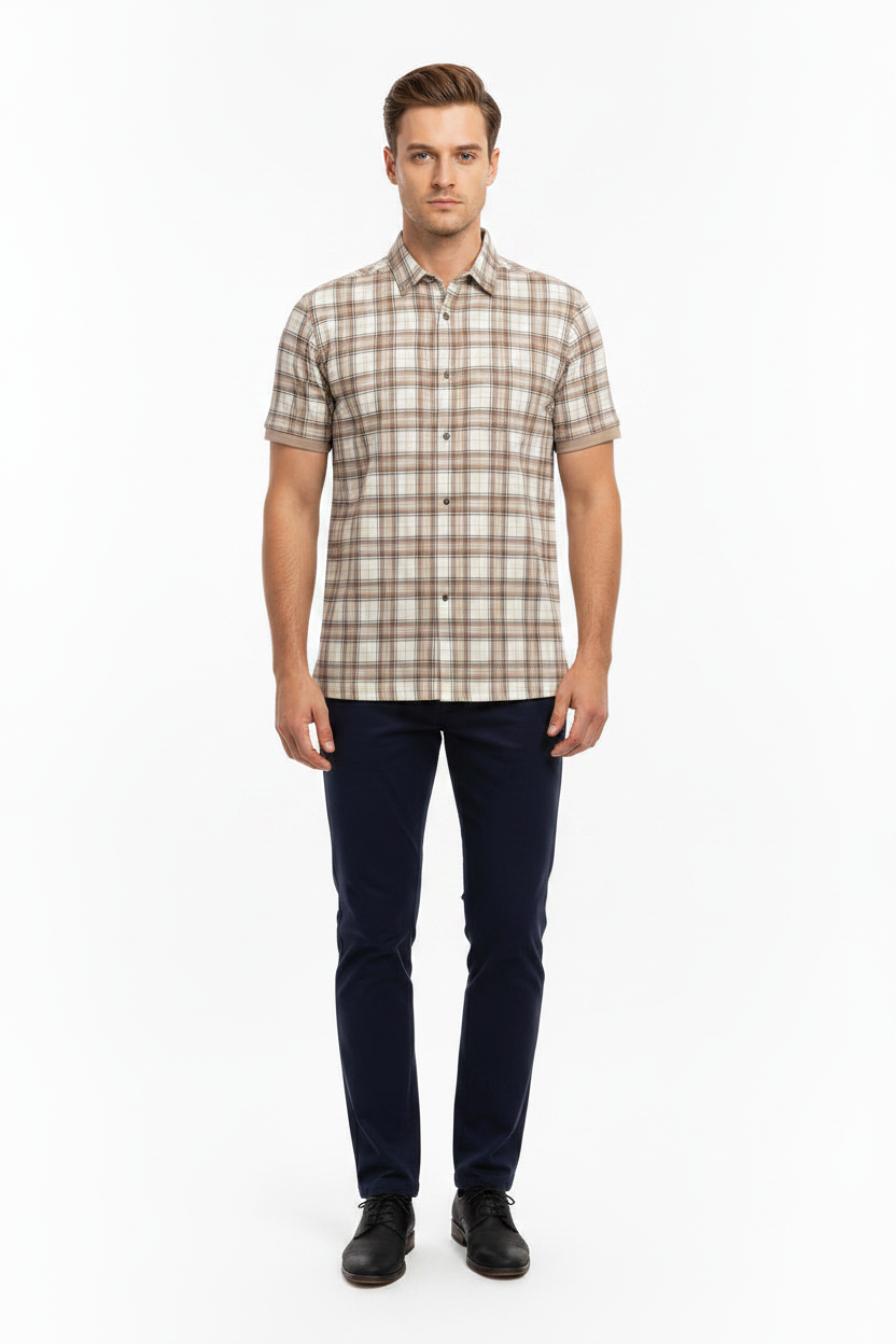 Men’s Western Plaid Polo, short-sleeve, beige and brown, available in S-XXL.