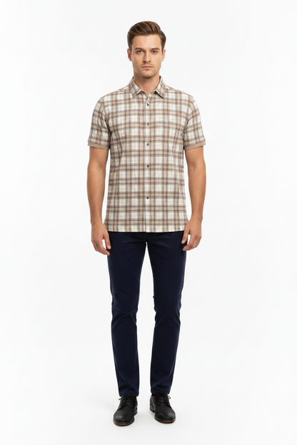 Men’s Western Plaid Polo, short-sleeve, beige and brown, available in S-XXL.