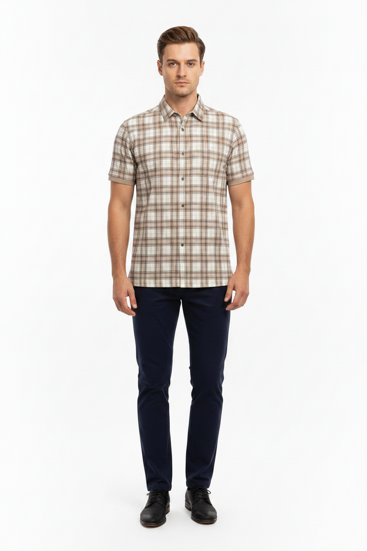 Men’s Western Plaid Polo, short-sleeve, beige and brown, available in S-XXL.