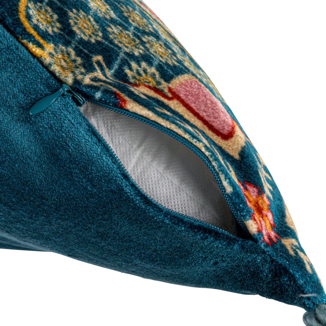 20" square cotton blend velvet pillow with vintage carpet print, blue zipper, floral blue cover. Size: 20"x20".