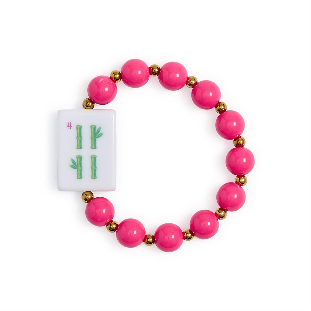 Mahjong Beaded Stretch Bracelet with large pink beads, small gold beads, colorful acrylic accents, and a central white tile featuring green bamboo and a red number 4 design. Available in multiple sizes.