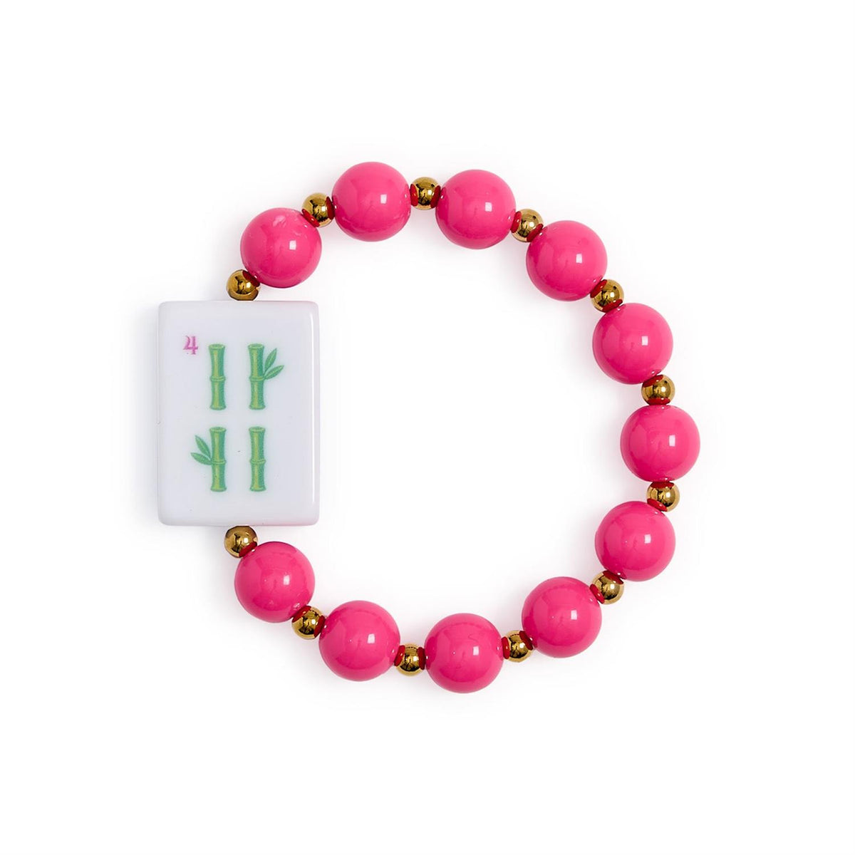 Mahjong Beaded Stretch Bracelet with large pink beads, small gold beads, colorful acrylic accents, and a central white tile featuring green bamboo and a red number 4 design. Available in multiple sizes.
