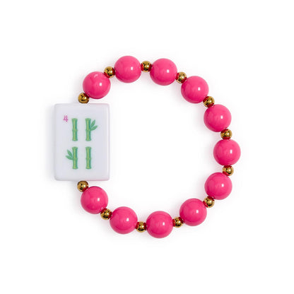 Mahjong Beaded Stretch Bracelet with large pink beads, small gold beads, colorful acrylic accents, and a central white tile featuring green bamboo and a red number 4 design. Available in multiple sizes.