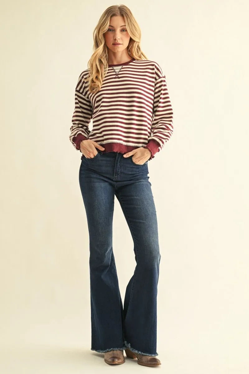Burgundy Striped Sweatshirt with long sleeves, available in sizes XS–XL.