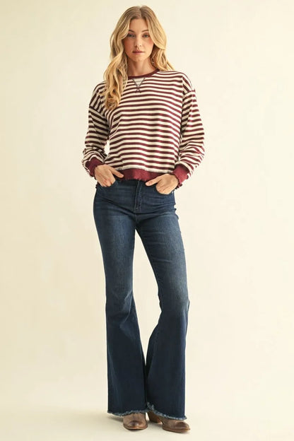 Burgundy Striped Sweatshirt with long sleeves, available in sizes XS–XL.