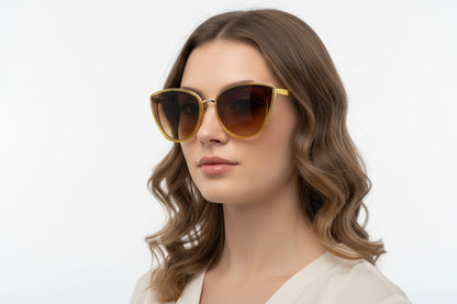 Yellow Framed Curvy Sunglasses with bold, wavy design. Available in sizes S, M, L.