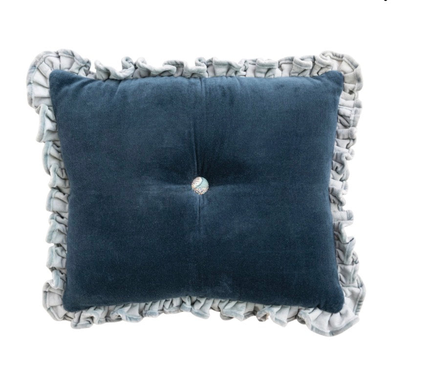 Velvet Ruffle Lumbar Pillow in navy blue velvet with a central button and ruffled plaid edging, available in lumbar size.