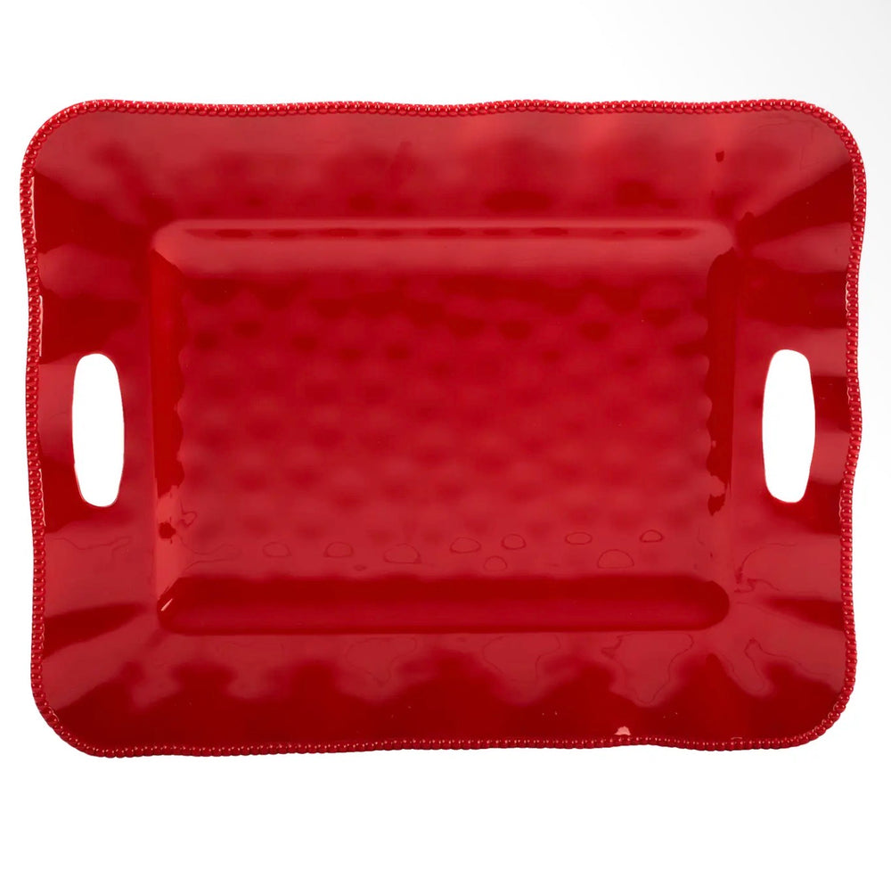 Red Perlette Platter, rectangular red serving tray with hammered texture and integrated handles.