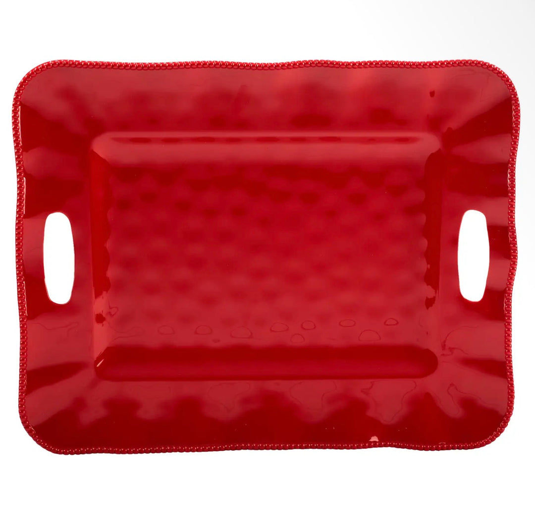 Red Perlette Platter, rectangular red serving tray with hammered texture and integrated handles.