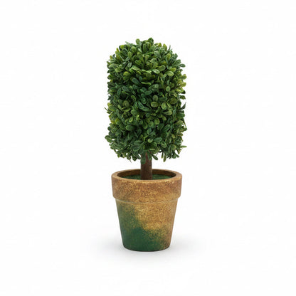 Faux Topiary In Pot with dense green leaves in a brown clay pot; available in small size.
