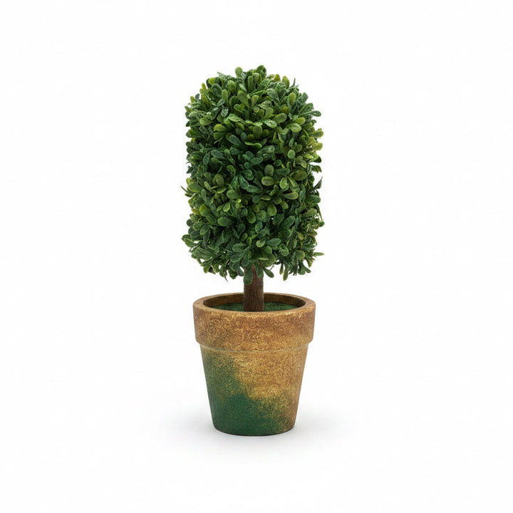 Faux Topiary In Pot with dense green leaves in a brown clay pot; available in small size.