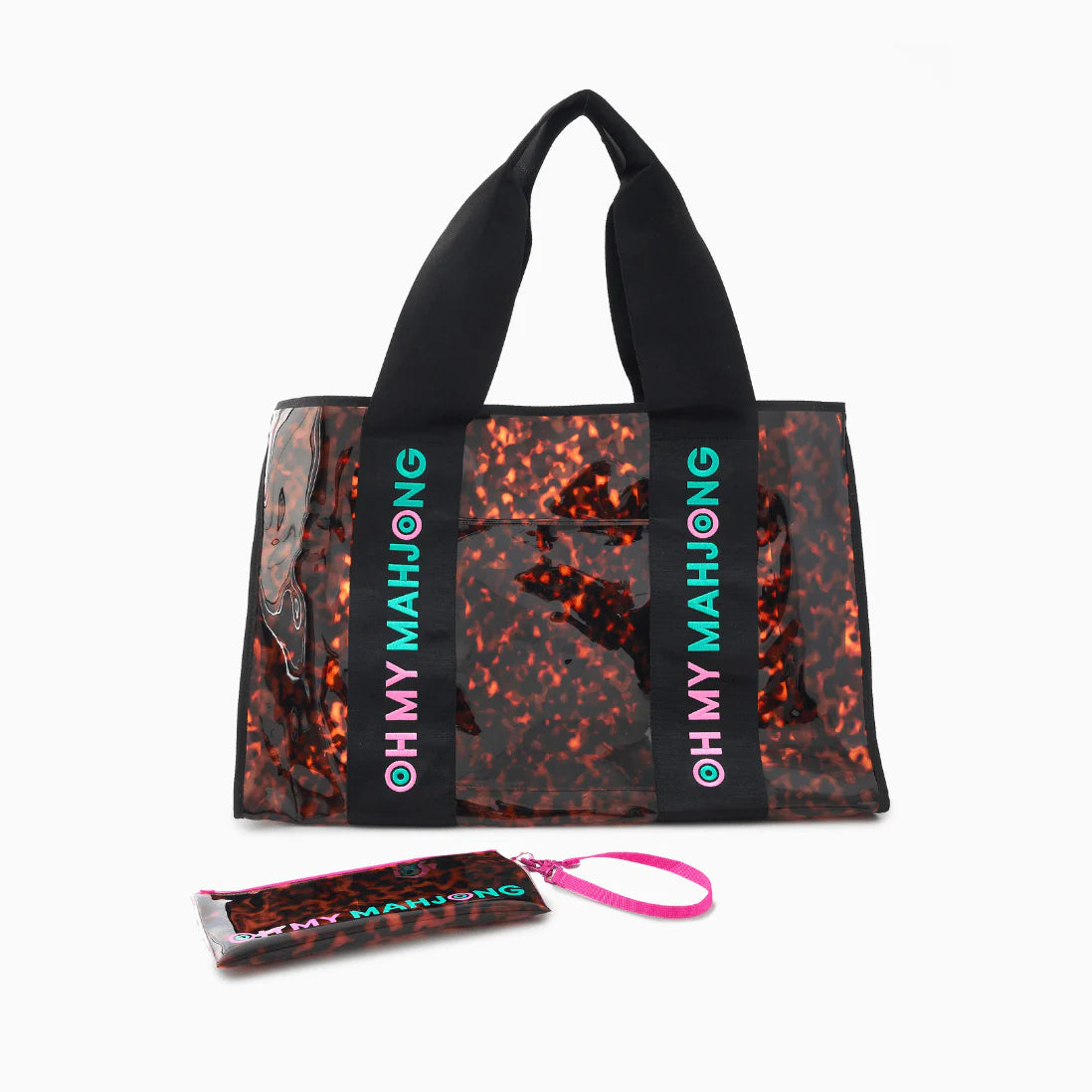 Clear Mahjong Beach Bag with black handles and "OH MY MAHJONG" in colorful letters on the straps, accented with a tortoiseshell pattern. Available in multiple sizes.