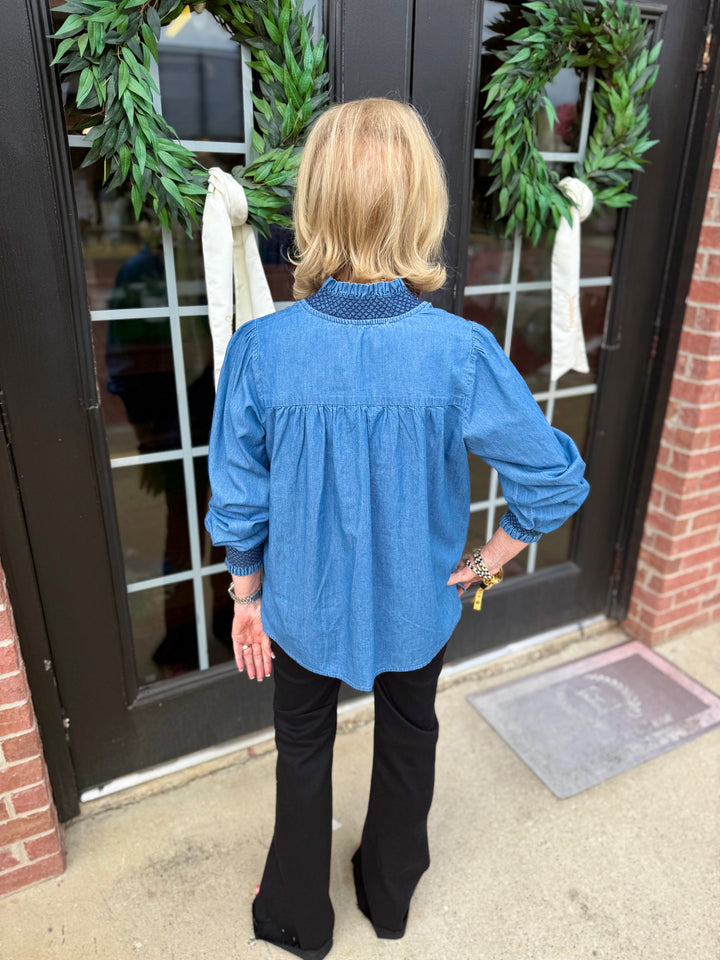Kimberly Chambray Top shown; available in sizes XS–XL.