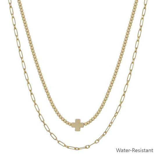 Water Resistant Beaded Layered Necklace with Gold Cross