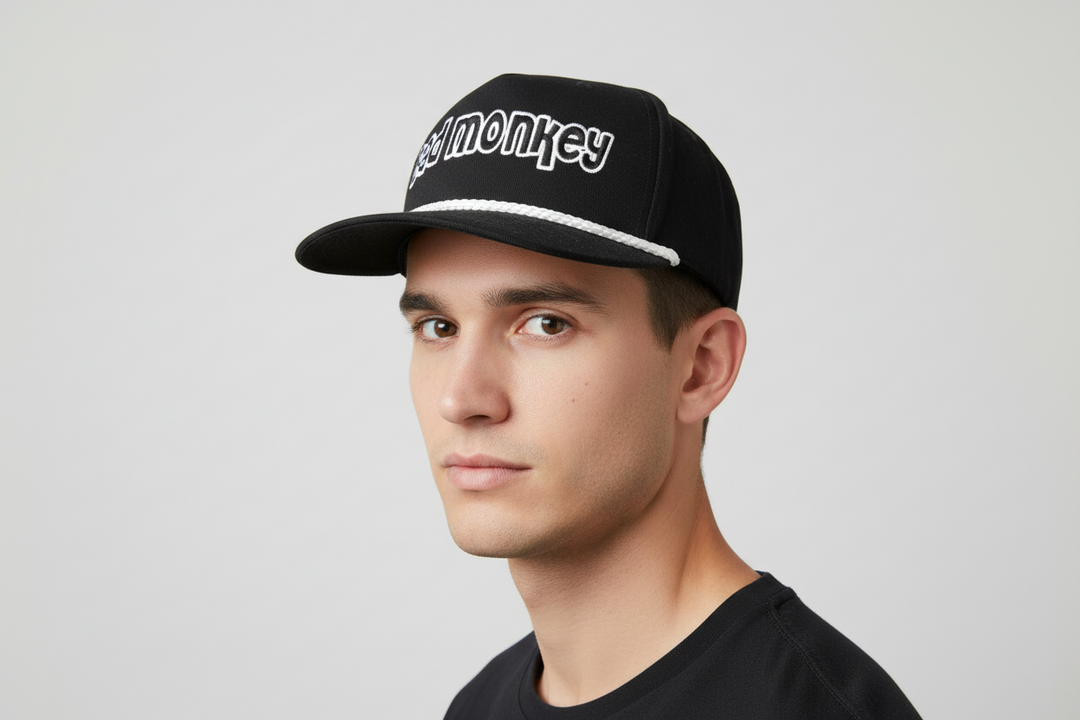Bad Monkey Hat—bold design, structured brim, available in S/M and L/XL sizes.