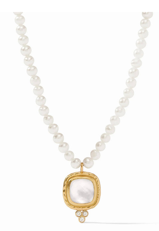Tudor Delicate Necklace with freshwater pearls, square gold CZ pendant, white center stone, two small round diamonds. Sizes: 16", 18".