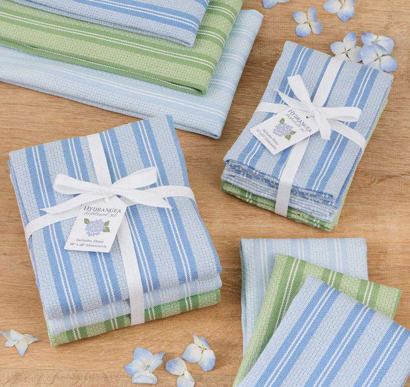 Set of 3 blue and green striped cotton dishtowels, folded, some with white ribbon and tags. Sizes available: not specified.