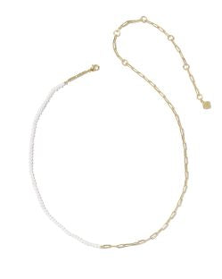 Gold chain and freshwater pearl necklace with a split design; adjustable length. Available in 16" and 18".