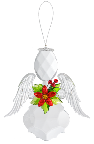 6” Poinsettia Angel Acrylic Ornament with faceted head and body, feathered wings, and poinsettia accent.