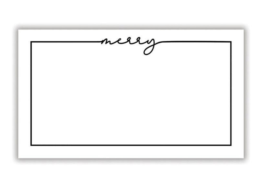 Rectangular holiday place cards with thin black border and “merry” in black script. Available in multiple sizes.