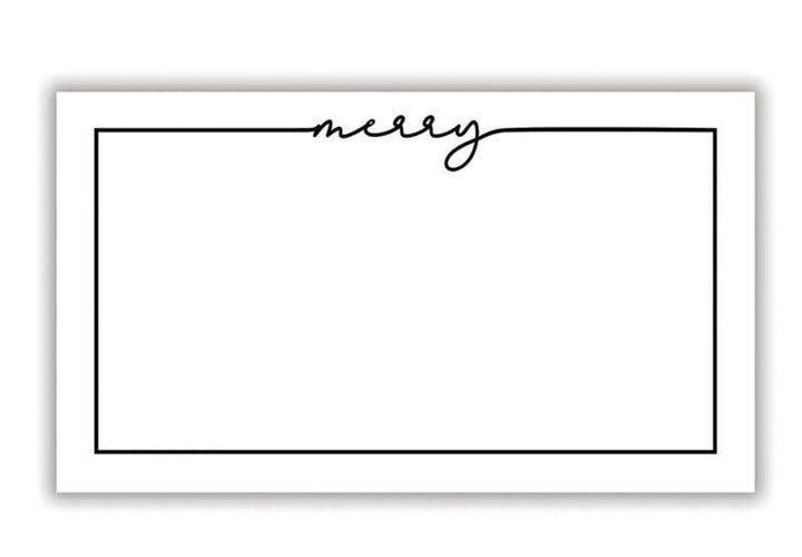 Rectangular holiday place cards with thin black border and “merry” in black script. Available in multiple sizes.