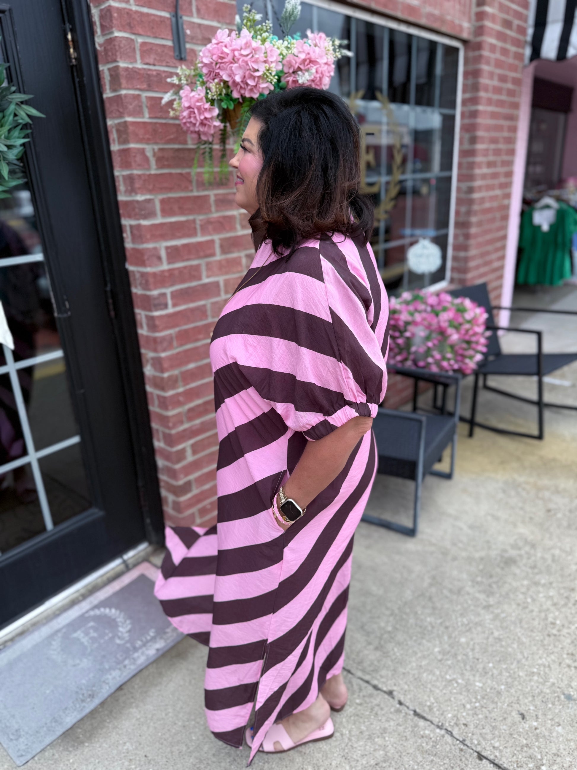Rosewood Stripe Midi Dress with convenient pockets, available in sizes XS-XL.