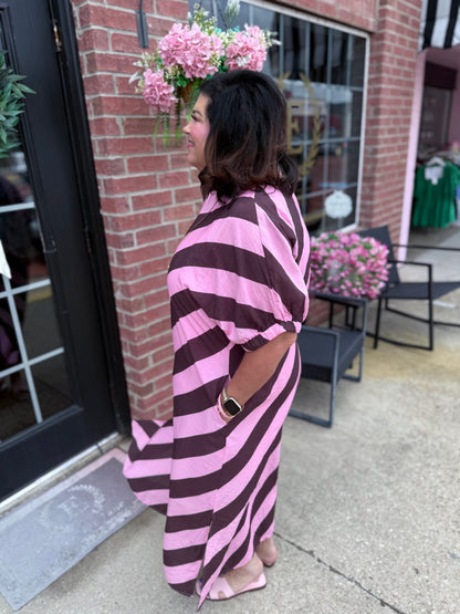 Rosewood Stripe Midi Dress with convenient pockets, available in sizes XS-XL.