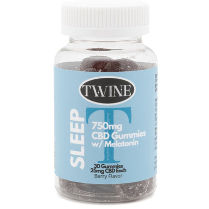 Clear bottle labeled "Sleep Gummies" with 30 berry CBD gummies (25mg each, 750mg total). Blue/white label, bold white text.