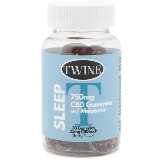 Clear bottle labeled "Sleep Gummies" with 30 berry CBD gummies (25mg each, 750mg total). Blue/white label, bold white text.