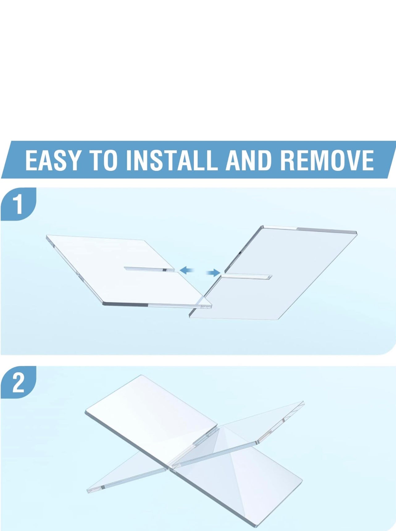 The product is an Acrylic Book Stand. It has a user-friendly design featuring step-by-step illustrated guide for seamless installation and removal. The book stand can be adjusted between open and closed positions, as shown by the accompanying arrows in the illustration. Sizes available may vary depending on individual products or packages.