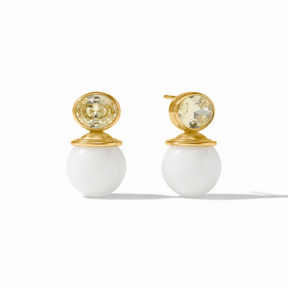 Gold-plated earrings with round yellow gems and white jade-like beads. Available sizes: small, medium, large.