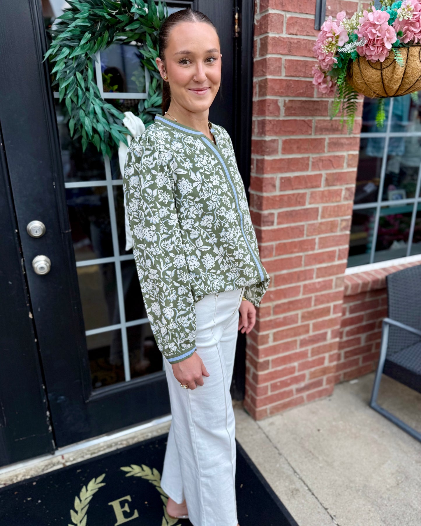 Naomi Painted Trillium Olive Top shown; available in sizes XS-XL.