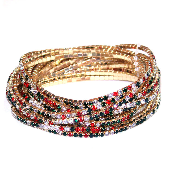Multi Strand Christmas Color Crystal Stretch Bracelets with gold strands, red, green, and white crystals. Sizes: S, M, L.
