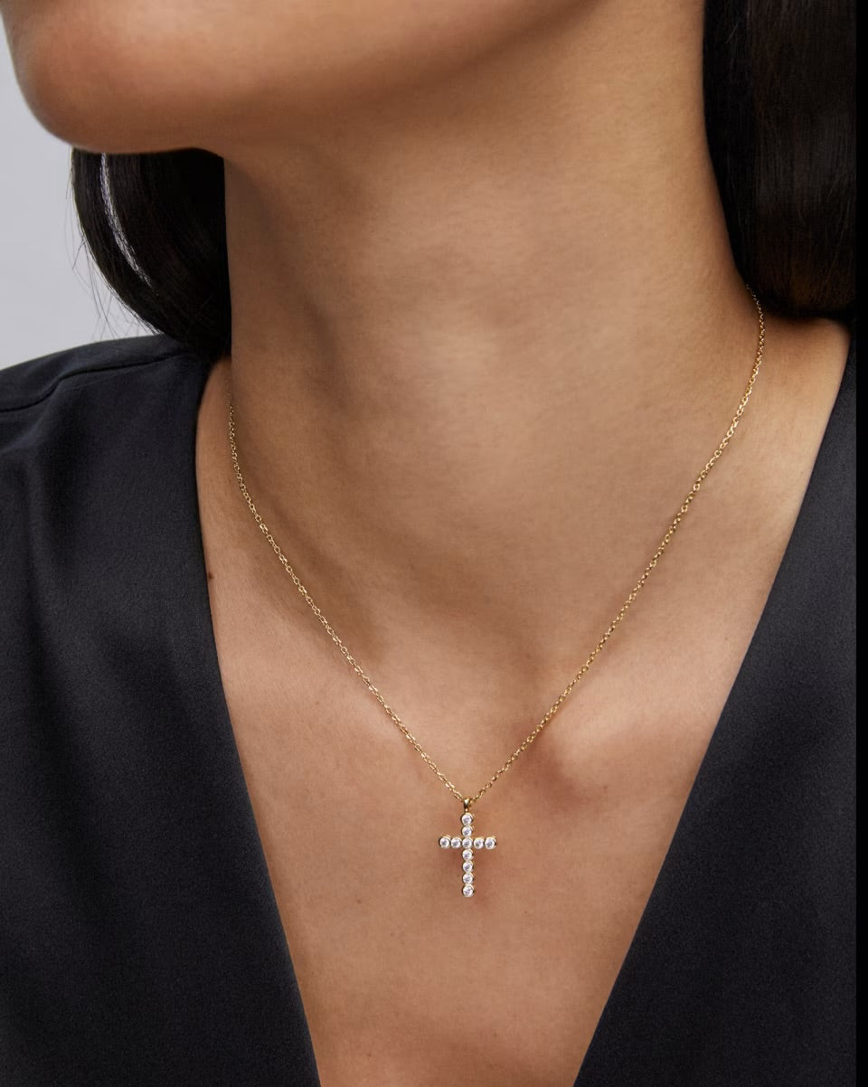 Kendra Scott Cross Pendant Necklace in White Crystal with adjustable chain; available in multiple lengths.
