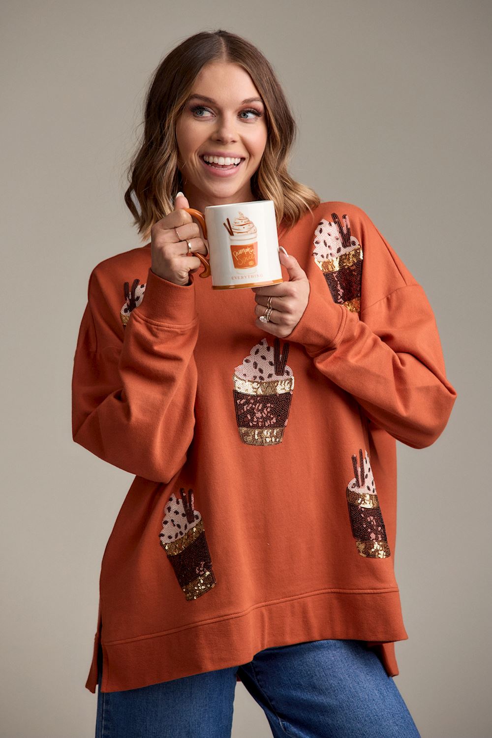 Pumpkin Spice Sweatshirt with hot chocolate designs, available in sizes S-XXL.