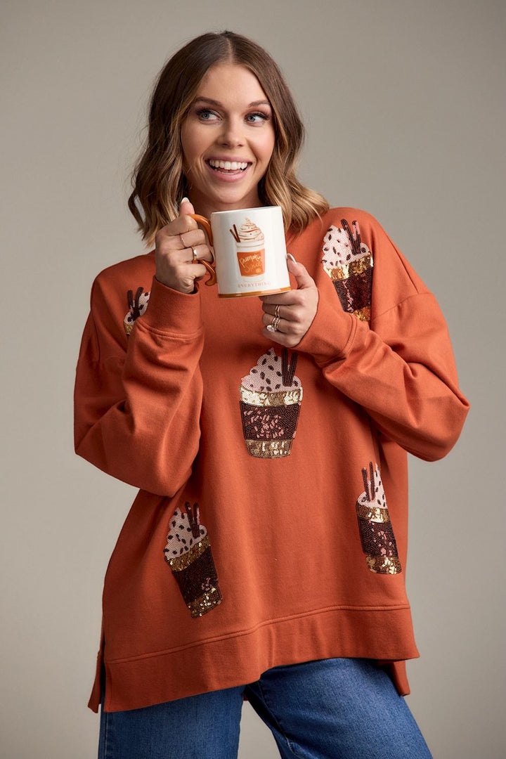 Pumpkin Spice Sweatshirt with hot chocolate designs, available in sizes S-XXL.