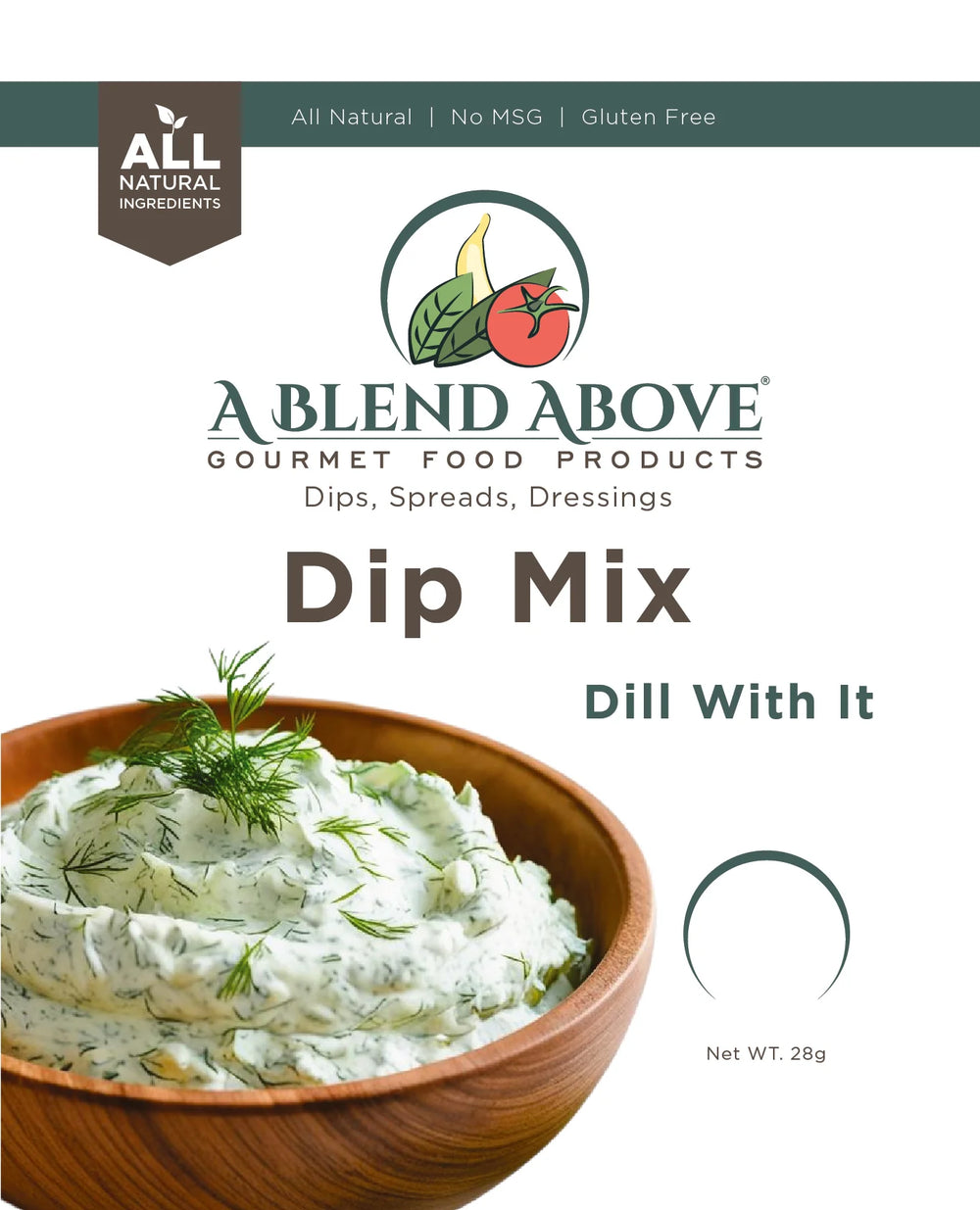 A package of A Blend Above Dip Mix, Dill With It flavor. All natural, gluten free, no MSG. Net weight: 28g.