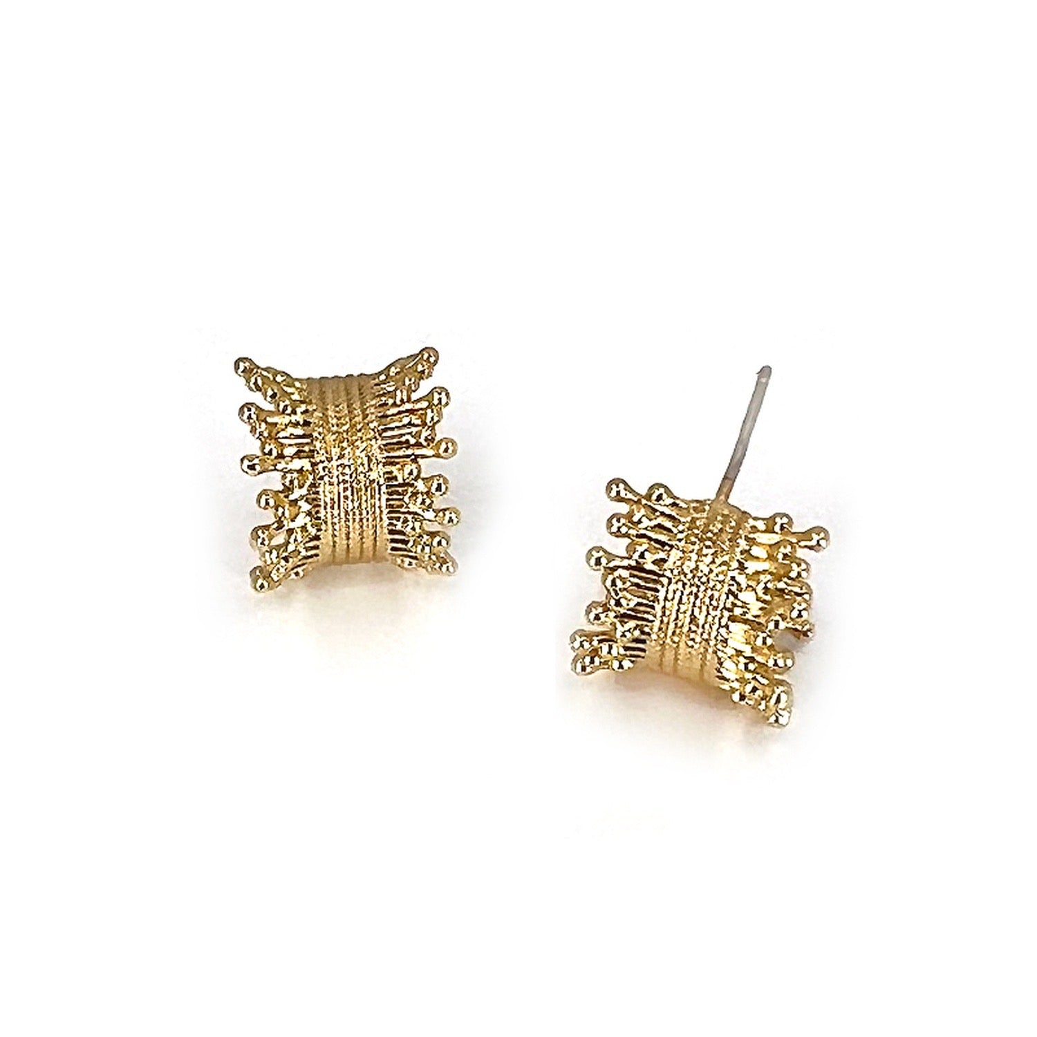 Wini Earrings: rectangular, textured gold with layered ball accents. Front and post shown. Sizes: small, medium, large. Meghan Browne.